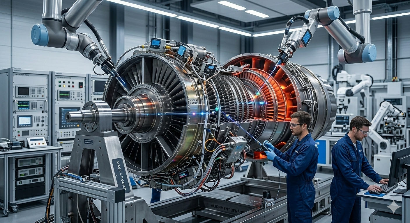 A close-up of an intricate jet engine being engineered in an advanced aerospace laboratory, glowing components, metallic reflections, high resolution, industrial design, photorealistic turbine mechanics --no woman